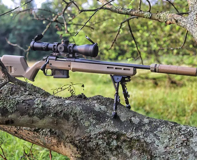 Tan suppressed bolt rifle with a bipod resting on a lichen-covered tree limb